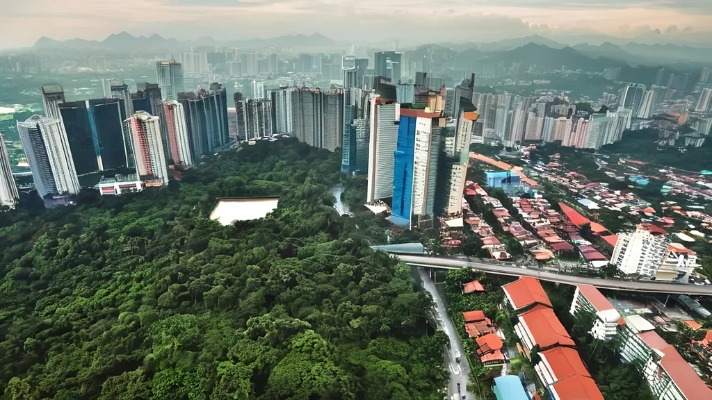 Prompt: A sweeping aerial view of lush city landscapes, transitioning smoothly across each Malaysia