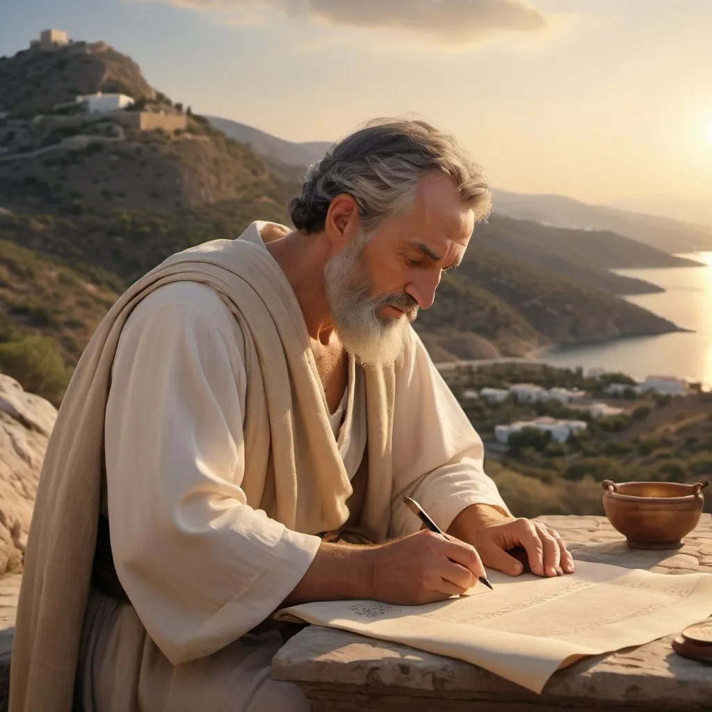 Prompt: the apostle john writing on a scroll in ancient patmos in landscape mode


