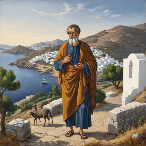 Prompt: the apostle john in in ancient patmos in landscape mode


