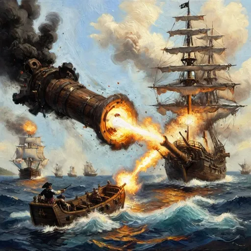 Prompt: cannon on pirate ship firing a chainshot directly at another pirate ship with explosion coming out of the barrel