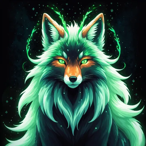 Prompt: retro digital pixel art portrait, ninetailed fox, black fur, green eyes, inner light, steller power, aurora background, aurora borealis powers, constellation, arctic winter, spectral light, fox tails, green fire, ninetails, deity, divine beast, shining antlers, whiskers
