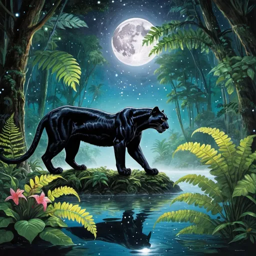 Prompt: tropical rainforest, giant trees, foliage, jungle, underwater, light filtering through water, radiant light, fern fronds, bubbles, underwater landscape, moon and stars, night time, spectral light, tropical flowers, lush and green, black panther drinking from river, constellations
