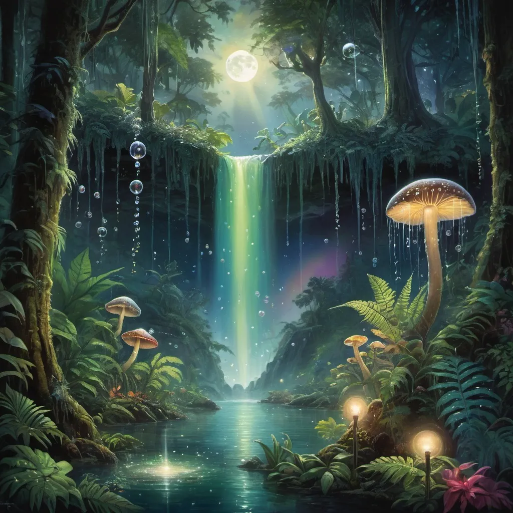 Prompt: tropical rainforest, giant trees, foliage, jungle, underwater, light filtering through water, radiant light, fern fronds, bubbles, underwater landscape, moon and stars, night time, spectral light, tropical flowers, lush and green, rainbow colored sky, stars and moon, radiant light, spectral shining light, constellations, bubbles, ambient light, fireflies, strong wind, aurora, waterfalls, flowing water, mists, mushrooms, spheres of light, refraction of light






