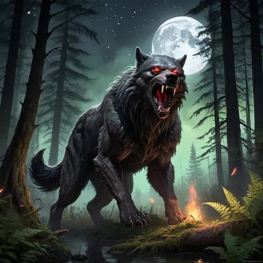 Prompt: scary werewolf dogman, in dark forest, black fur, snarling, sharp claws, glowing red eyes, undead, sharp teeth, tattered ear, thick shaggy fur, long tail, running through forest, swamp at night, moon and stars, male canine, towering over landscape, whiskers, hunting, flaming trees, forest fire, forest temple, celtic runes, viking temple, deciduous forest, giant trees, foliage, plants, underwater, light filtering through water, radiant light, fern fronds, bubbles, underwater landscape, moon and stars, night time, spectral light, meadow flowers, lush and green, rainbow colored sky, stars and moon, radiant light, spectral shining light, constellations, bubbles, ambient light, fireflies, strong wind, aurora, waterfalls, flowing water, mists, swamp, forest fire, red moon, mushrooms, scattered bones, long tail, rage, terror, fern fronds, dead tree, moss, logs, giant bear wolf







