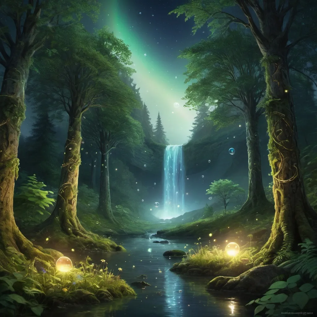 Prompt: forest temple, celtic runes, viking temple, deciduous forest, giant trees, foliage, plants, underwater, light filtering through water, radiant light, fern fronds, bubbles, underwater landscape, moon and stars, night time, spectral light, meadow flowers, lush and green, rainbow colored sky, stars and moon, radiant light, spectral shining light, constellations, bubbles, ambient light, fireflies, strong wind, aurora, waterfalls, flowing water, mists

