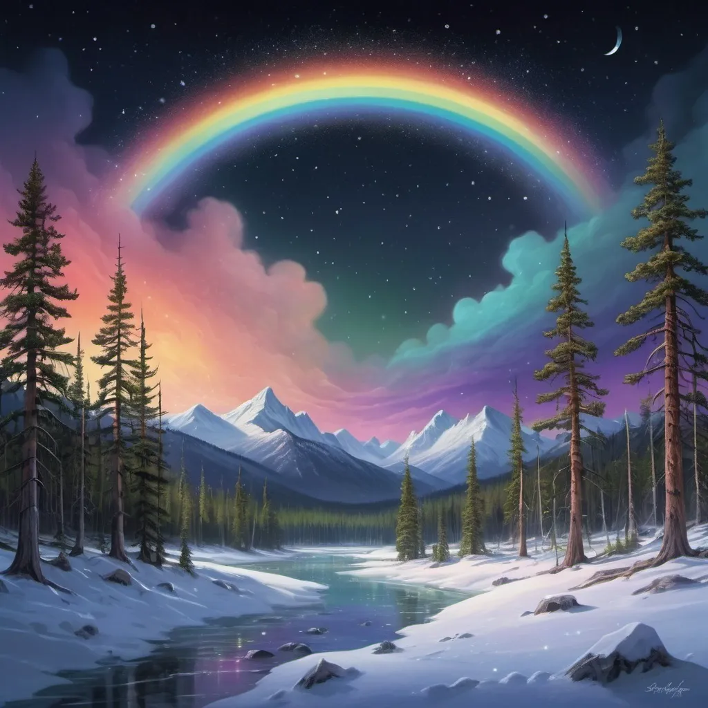 Prompt: boreal forest, giant pine trees, rainbow colored sky, stars and moon, radiant light, spectral shining light, constellations, bubbles, ambient light, fireflies, strong wind, aurora borealis, frozen landscape, moon reflecting off of snow, radiant beauty, mountains, night time, dark sky, constellations, shining moon, winter mountains, landscape



