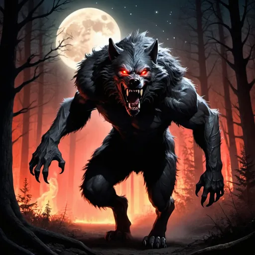 Prompt: scary werewolf dogman, in dark forest, black fur, snarling, sharp claws, glowing red eyes, undead, sharp teeth, tattered ear, thick shaggy fur, long tail, running through forest, swamp at night, moon and stars, male canine, towering over landscape, whiskers, hunting, flaming trees, forest fire, wolf sheath