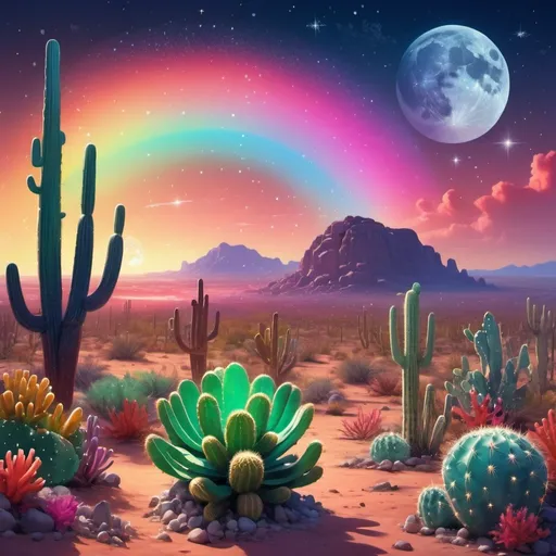 Prompt: coral reef growing in a desert, giant cactus, rainbow colored sky, stars and moon, radiant light, spectral shining light, constellations, bubbles, ambient light, fireflies, strong wind, aurora
