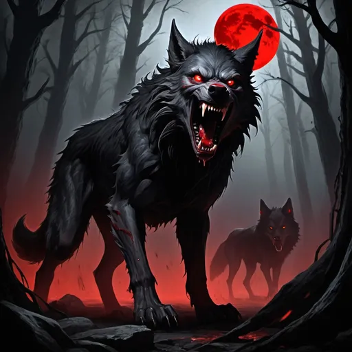 Prompt: deep cave, darkness, terror, horror of the deep, monster in the dark, beast, fangs, sharp teeth, glowing eyes, pointed ears, shaggy black fur, matted with blood, scream of rage, red moon, raining blood, werewolf, forest fire, lunging, hunting, demon wolf, hellhound, standing on two legs, long tail



