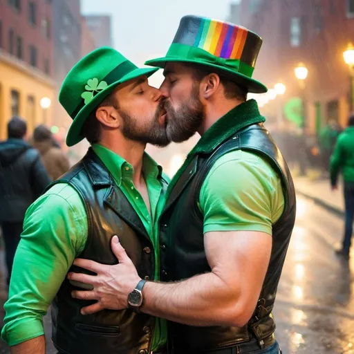 Prompt: gay men kissing, leather vest, muscular, bearded, embrace, shining green shamrock, raining golden couns, st. patrick's day, rainbows, spectral light, leather daddy, leather hat, passion, green light, shining viridian