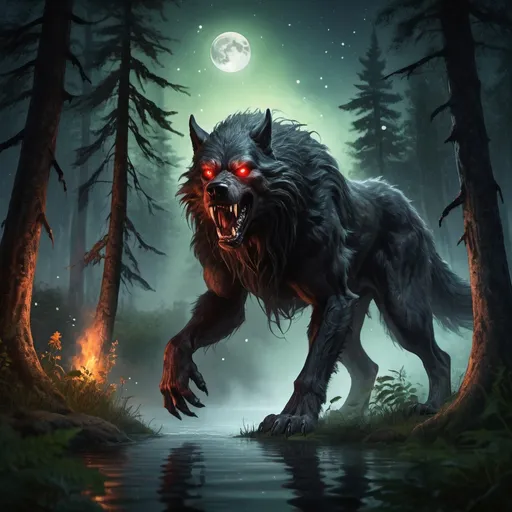 Prompt: scary werewolf dogman, in dark forest, black fur, snarling, sharp claws, glowing red eyes, undead, sharp teeth, tattered ear, thick shaggy fur, long tail, running through forest, swamp at night, moon and stars, male canine, towering over landscape, whiskers, hunting, flaming trees, forest fire, forest temple, celtic runes, viking temple, deciduous forest, giant trees, foliage, plants, underwater, light filtering through water, radiant light, fern fronds, bubbles, underwater landscape, moon and stars, night time, spectral light, meadow flowers, lush and green, rainbow colored sky, stars and moon, radiant light, spectral shining light, constellations, bubbles, ambient light, fireflies, strong wind, aurora, waterfalls, flowing water, mists, swamp, forest fire, red moon







