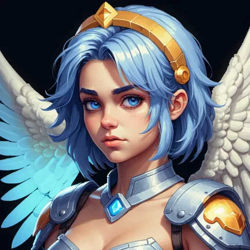 Prompt: retro digital pixel art portrait, ogre battle 64 character portrait, video game portrait, angel knight, seraph, female, blue hair, neutral expression, halo, glowing eyes, spectral light, winged headband

