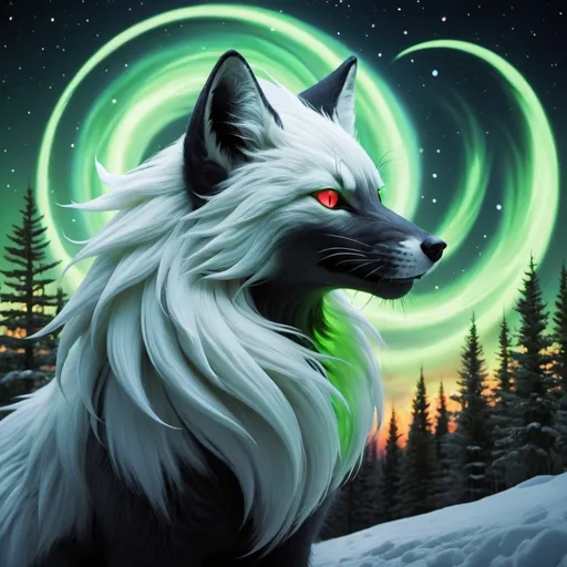 Prompt: ninetailed fox, black fur, green eyes, inner light, steller power, aurora background, aurora borealis powers, constellation, arctic winter, spectral light, fox tails, green fire, ninetails, deity, divine beast, shining antlers, whiskers, long fox tail, towering over forest, full moon, aurora borealis, many stars, shining starlight, chained beast, ferocious, glowing red eyes, forest fire, 
