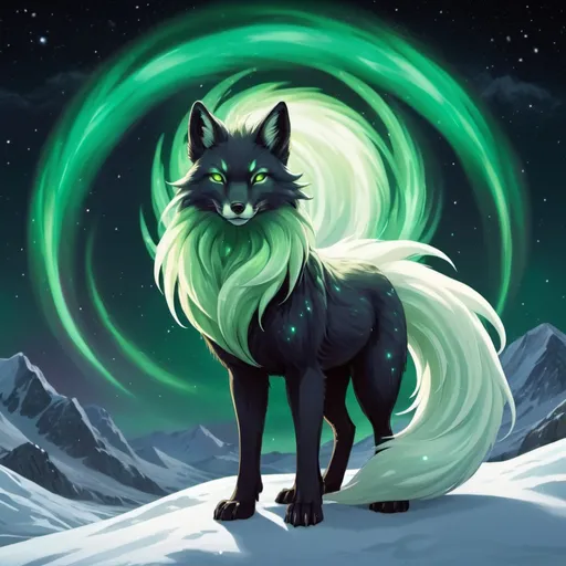 Prompt: ninetailed fox, black fur, green eyes, inner light, steller power, aurora background, aurora borealis powers, constellations, arctic winter, spectral light, fox tails, green fire, ninetails, deity, divine beast, crystal antlers

