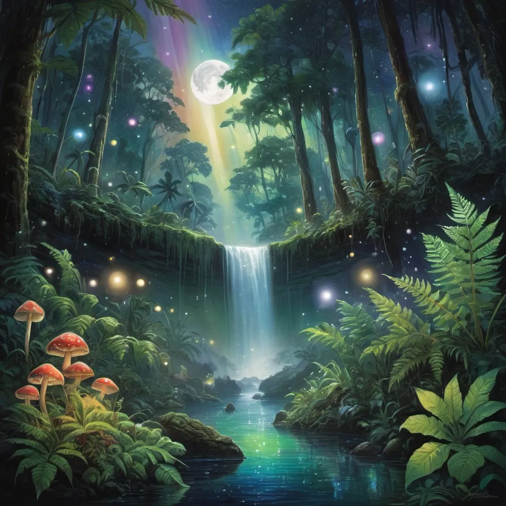 Prompt: tropical rainforest, giant trees, foliage, jungle, underwater, light filtering through water, radiant light, fern fronds, bubbles, underwater landscape, moon and stars, night time, spectral light, tropical flowers, lush and green, rainbow colored sky, stars and moon, radiant light, spectral shining light, constellations, bubbles, ambient light, fireflies, strong wind, aurora, waterfalls, flowing water, mists, mushrooms, spheres of light, refraction of light






