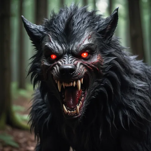 Prompt: scary werewolf dogman, in dark forest, black fur, snarling, sharp claws, glowing red eyes, undead, sharp teeth. tattered ear, shaggy black fur
