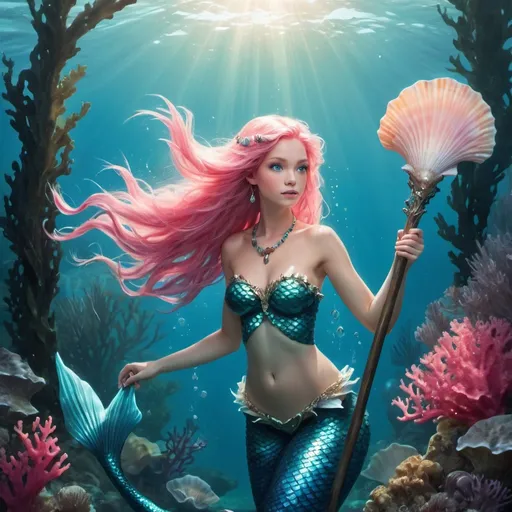 Prompt: mermaid, female, holding spear, coral in hair, sea shell jewelry, blue eyes, cerulean hair, pink tail, swimming through kelp forest, seaweed, shining light, light shining through water, underwater, deep water
