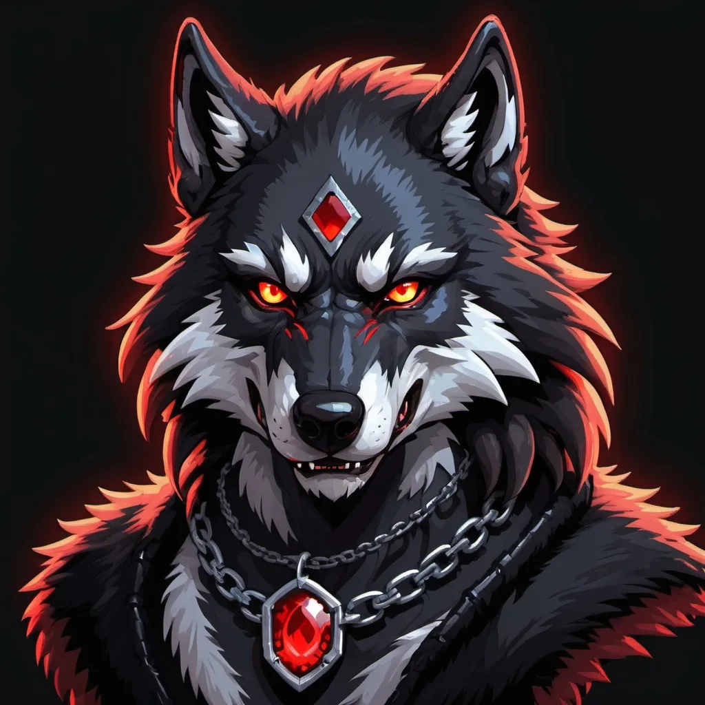 Prompt: retro digital pixel art portrait, fierce werewolf, glowing eyes, red eyes, rpg character portrait, video game portrait, fenrir, chain collar, anthropomorphic wolf, wolf tail, black fur
