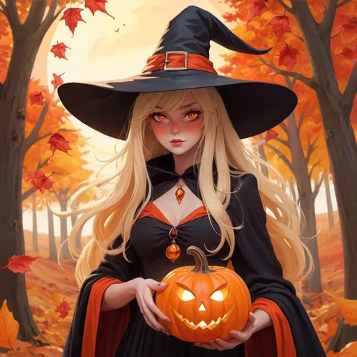 Prompt: autumn forest, witch with orange flowing robes, red leaves, large brimmed orange witch hat, blond hair, red eyes, holding a glass pumpkin, setting sun, yellow sky, deep shadows, red leaves blowing wind, long hair blowing in wind, black cat, looking pensive