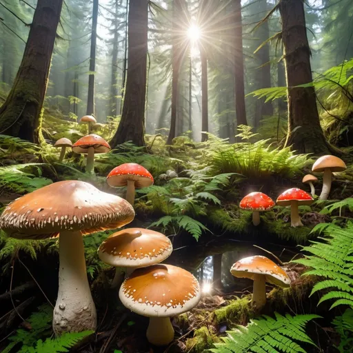 Prompt: forest of giant mushrooms, looking up toward the sky, shining sun, amanita, mushroom species, fern fronds, forest, lush and green, giant mushroom landscape, lake reflecting sunlight






