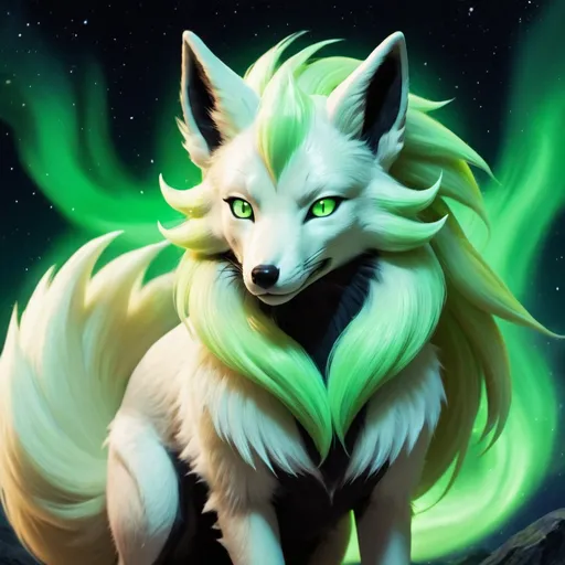 Prompt: ninetails fox, video game portrait, black fur, green eyes, inner light, steller power, aurora background, aurora borealis powers, rpg character portrait, video game portrait


