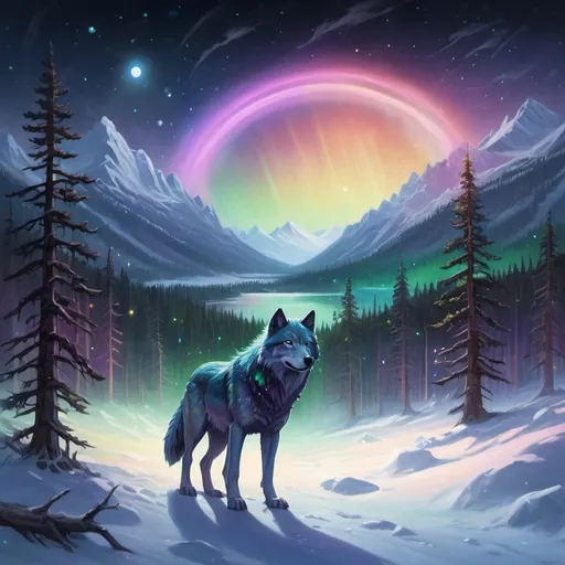 Prompt: boreal forest, giant pine trees, rainbow colored sky, stars and moon, radiant light, spectral shining light, constellations, bubbles, ambient light, fireflies, strong wind, aurora borealis, frozen landscape, moon reflecting off of snow, radiant beauty, mountains, night time, dark sky, constellations, shining moon, winter mountains, landscape, giant wolf, spectral wolf, spirit wolf,



