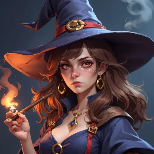 Prompt: female witch, large witch hat, smoking pipe, indigo outfit, brown hair, gold eyes, red amulet, rpg character portrait, video game portrait, bored expression


