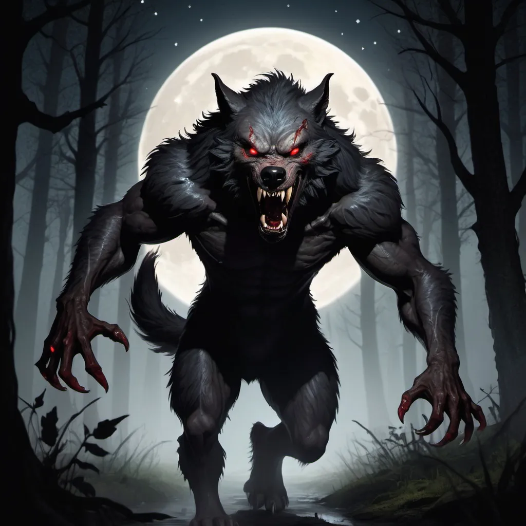 scary werewolf dogman, in dark forest, black fur, sn...