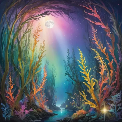 Prompt: kelp forest growing in an enchanted forest, rainbow colored sky, stars and moon, radiant light, spectral shining light, 
