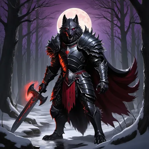 Prompt: black knight, wolf head armor, large battle axe, flowing black cape, sharp armored claws, in a dark swamp, werewolf knight, evil power, shadow powers, thick shaggy black fur, werewolf tail, radiant purple aura, winter night, full moon, shining moonlight, long tail, whiskers, forest fire, glowing red eyes, black fur mantle
