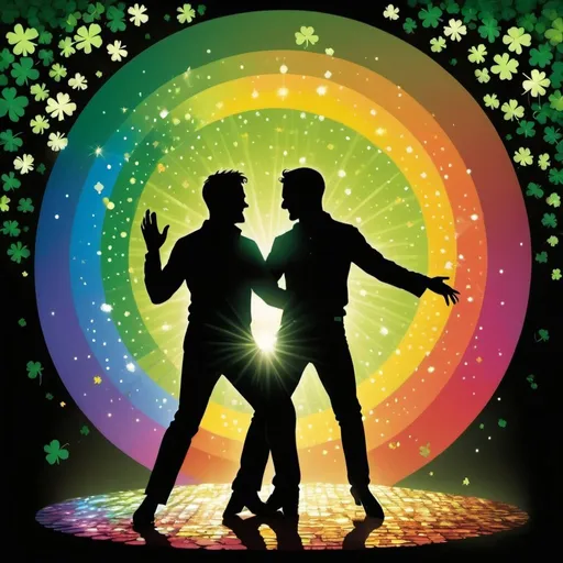 Prompt: silhouette of two gay men dancing under a shamrock bar environment, cartoon style, simple background, spectral light shining from disco ball, fireflies, constellations, night sky, radiant light, shining divinity, saint patrick's day, raining shamrocks, golden coins, four leaf clover, pot of gold, rainbow, spectral color, green, chartreause, viridian, leaves falling from the sky, sunlight shining, disco, gay bar