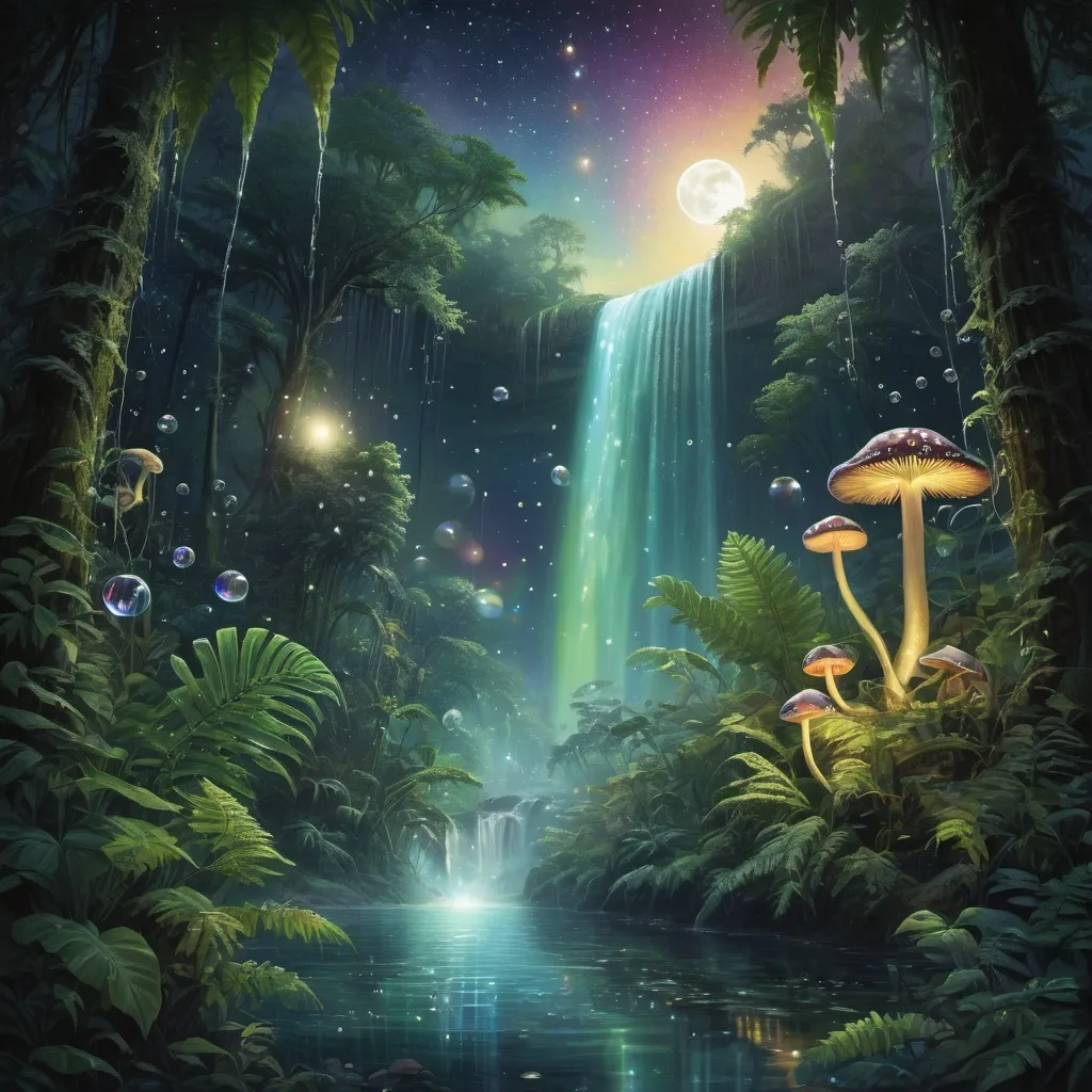 Prompt: tropical rainforest, giant trees, foliage, jungle, underwater, light filtering through water, radiant light, fern fronds, bubbles, underwater landscape, moon and stars, night time, spectral light, tropical flowers, lush and green, rainbow colored sky, stars and moon, radiant light, spectral shining light, constellations, bubbles, ambient light, fireflies, strong wind, aurora, waterfalls, flowing water, mists, mushrooms, spheres of light, refraction of light






