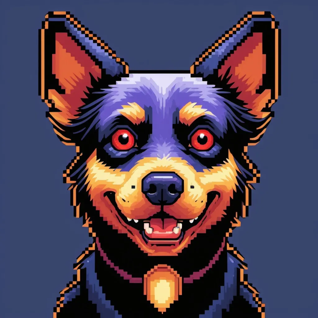 Prompt: stardew valley character portrait, retro digital pixelart portrait of a malevolent dog made of shadows with red eyes for DOS SNES with dithering shading 16-bit colour depth masks raster

