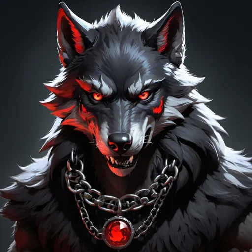 Prompt: fierce werewolf, glowing eyes, red eyes, rpg character portrait, video game portrait, fenrir, chain collar, anthropomorphic wolf, wolf tail, black fur