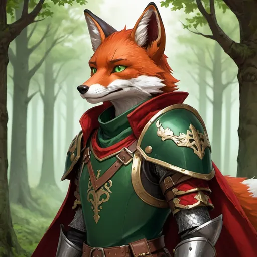 Prompt: anthropomorphic Fox, RPG character portrait, Atlus Games style, male, knight, forest armor, green eyes, red fur