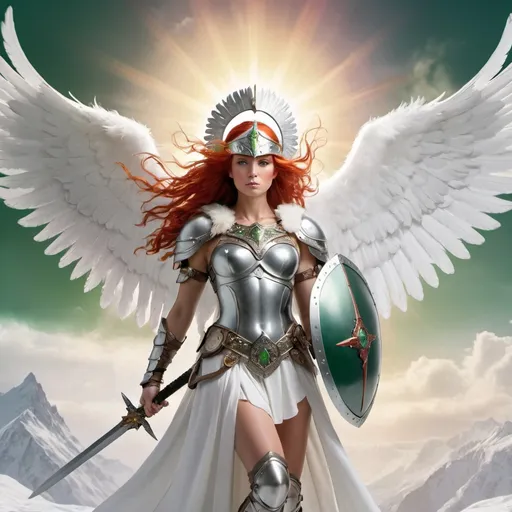 Prompt: valkyrie warrior, long white fur cloak, silver and green armor, rainbow jewel necklace, valkyrie helmet, angel wings, holding sword and shield, victorious pose, radiant angel, red hair, descending from sky, shining sun in clouds, flying crows, snowflakes, winged helmet, plumed headband