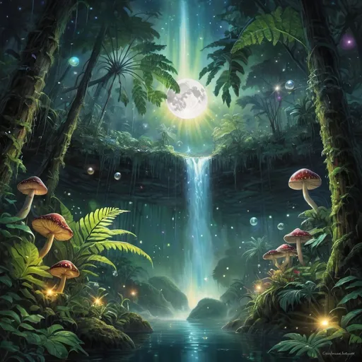 Prompt: tropical rainforest, giant trees, foliage, jungle, underwater, light filtering through water, radiant light, fern fronds, bubbles, underwater landscape, moon and stars, night time, spectral light, tropical flowers, lush and green, rainbow colored sky, stars and moon, radiant light, spectral shining light, constellations, bubbles, ambient light, fireflies, strong wind, aurora, waterfalls, flowing water, mists, mushrooms, spheres of light, refraction of light






