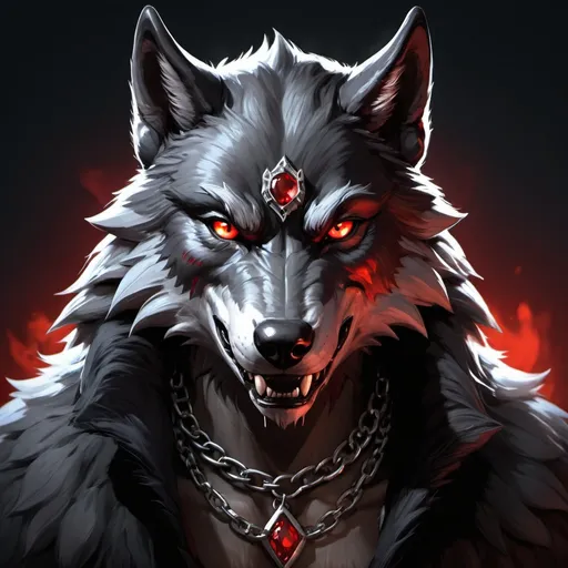 Prompt: fierce werewolf, glowing eyes, red eyes, rpg character portrait, video game portrait, fenrir, chain collar, anthropomorphic wolf, wolf tail, black fur