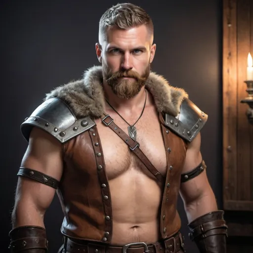 Prompt: gay leather daddy, chest hair, beard, short hair, viking, knight, video game portrait, rpg character portrait
