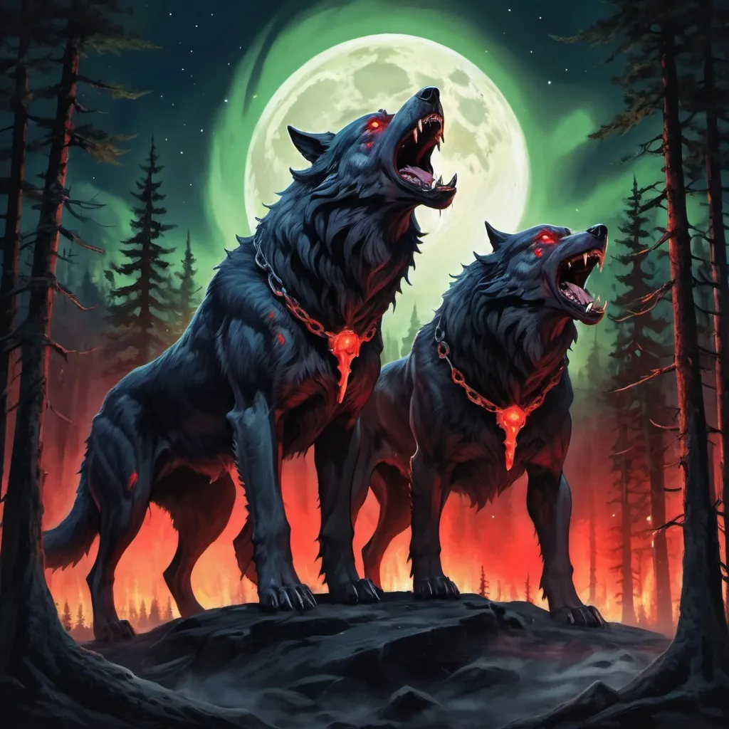 Prompt: hellhound, three headed dog, cerberus, giant dog with three heads, wolf heads, long wolf tail, towering over forest, full moon, aurora borealis, many stars, shining starlight, chained beast, ferocious, glowing red eyes, forest fire