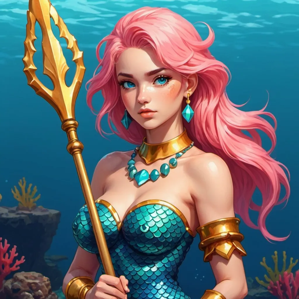 Prompt: retro digital pixel art portrait, mermaid, RPG character portrait, Atlus Games style, female, holding spear, warrior, coral jewelry, golden eyes, cerulean hair, pink tail

