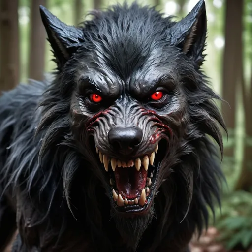Prompt: scary werewolf dogman, in dark forest, black fur, snarling, sharp claws, glowing red eyes, undead, sharp teeth. tattered ear, shaggy black fur, hyper realistic, whiskers, photograph, terrifying creature, blood hungry beast, undead zombie wolf
