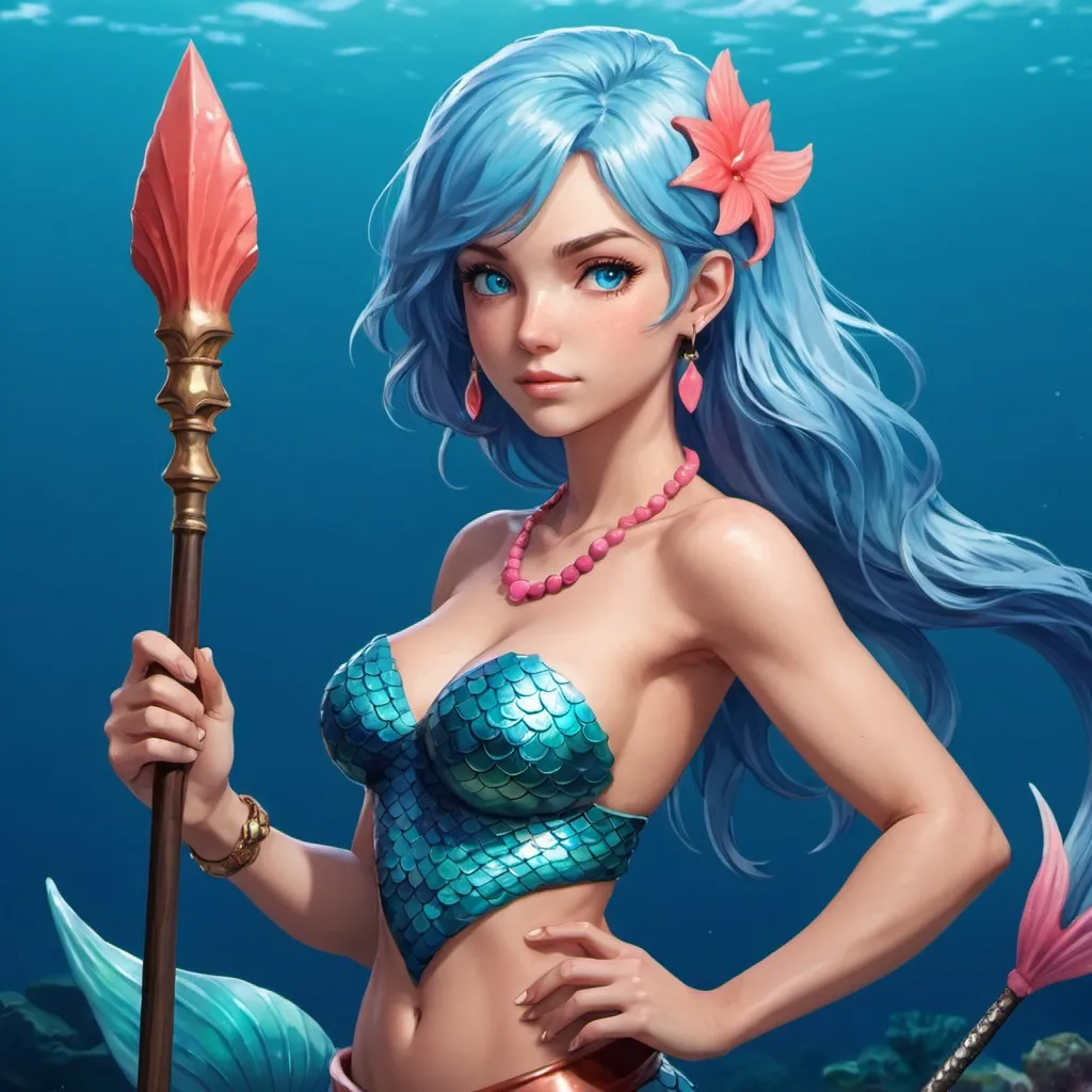 Prompt: mermaid, RPG character portrait, Atlus Games style, female, holding spear, coral jewelry, blue eyes, cerulean hair, pink tail