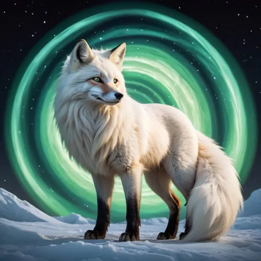 Prompt: mythic creature, divine creature, aurora borealis, stellar light, moonlight, shining fur, fox, nine tailed fox, ninetails, kyubii, arctic, black dur, shining symbols