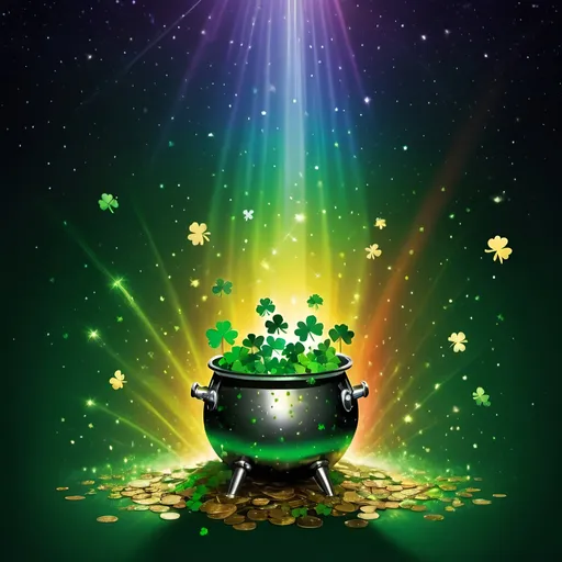 Prompt: simple background, spectral light shining from disco ball, fireflies, constellations, night sky, radiant light, shining divinity, saint patrick's day, raining shamrocks, golden coins, four leaf clover, pot of gold, rainbow, spectral color, green, chartreause, viridian, leaves falling from the sky, sunlight shining, disco, gay bar