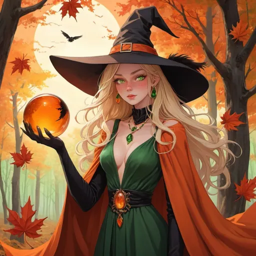 Prompt: autumn forest, witch with orange flowing robes, red leaves, large brimmed orange witch hat, blond hair, green eyes, orange outfit, green jewels, holding glass orb, setting sun, yellow sky, deep shadows, red leaves blowing wind, long hair blowing in wind, black feathers, crows flying, looking pensive