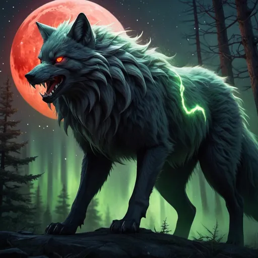 Prompt: ninetailed fox, black fur, green eyes, inner light, steller power, aurora background, aurora borealis powers, constellation, arctic winter, spectral light, fox tails, green fire, ninetails, deity, divine beast, shining antlers, whiskers, long fox tail, towering over forest, full moon, aurora borealis, many stars, shining starlight, chained beast, ferocious, glowing red eyes, forest fire, terrible creature, monstrous beast, towering over forest, forest fire, massive hulking beast, shaggy black fur, fierce glowing eyes, ferocious teeth, sharp teeth, hulking frame, sharp claws, wolf like head, bear like body, primal roar, red moon, raining blood, standing on hind legs, 50 stories tall, scream with rage, lightning, red moon, silhouette against starry sky

