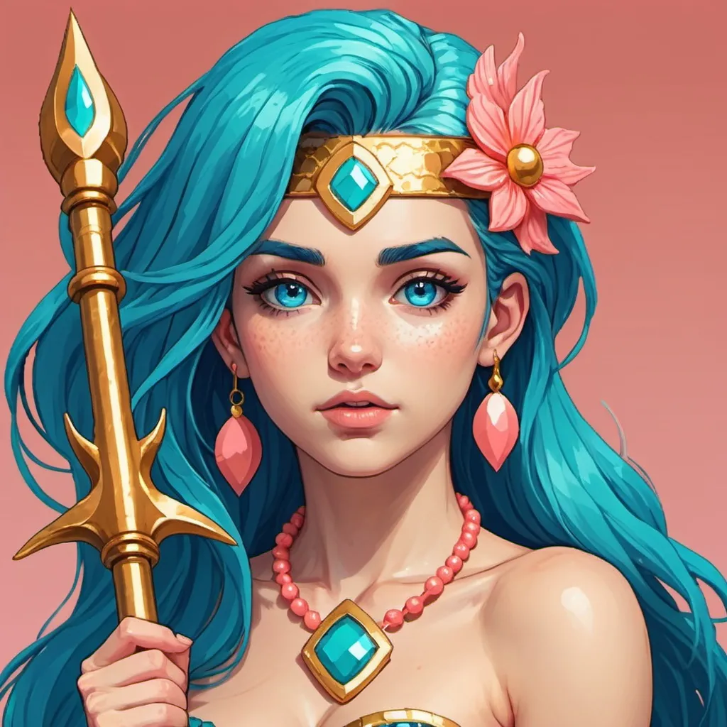 Prompt: retro digital pixel art portrait, mermaid, RPG character portrait, Atlus Games style, female, holding spear, warrior, coral jewelry, golden eyes, cerulean hair, pink tail

