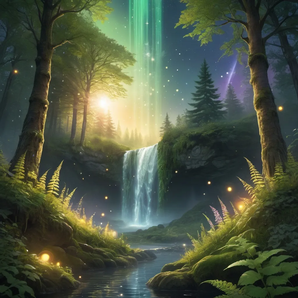 Prompt: forest temple, celtic runes, viking temple, deciduous forest, giant trees, foliage, plants, underwater, light filtering through water, radiant light, fern fronds, bubbles, underwater landscape, radiant sun, morning sun, rising sun, rays of sunshine, spectral light, meadow flowers, lush and green, rainbow colored sky, stars and moon, radiant light, spectral shining light, constellations, bubbles, ambient light, fireflies, strong wind, aurora, waterfalls, flowing water, mists, golden sky





