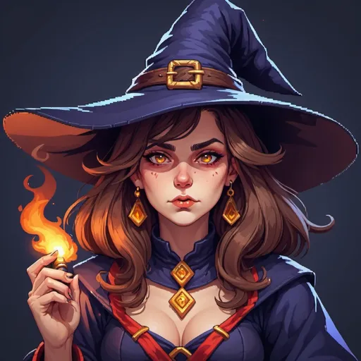 Prompt: retro digital pixel art portrait, female witch, large witch hat, smoking pipe, indigo outfit, brown hair, gold eyes, red amulet, rpg character portrait, video game portrait, bored expression, ogre battle character portrait

